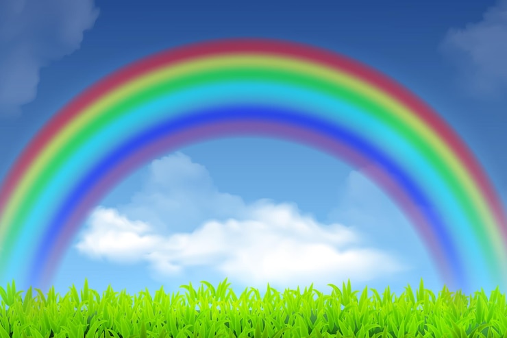 Gratis Vector mooi regenboog zomerlandschap op achtergrond met groen gazon en blauwe lucht met wolken realistische vectorillustratie
