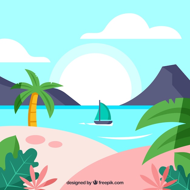 Gratis vector mooi tropisch strand met een plat ontwerp