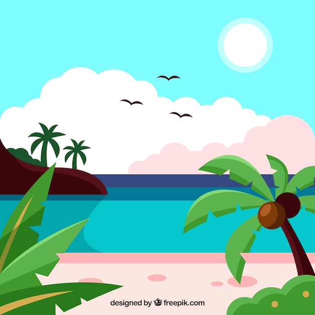 Gratis vector mooi tropisch strand met een plat ontwerp