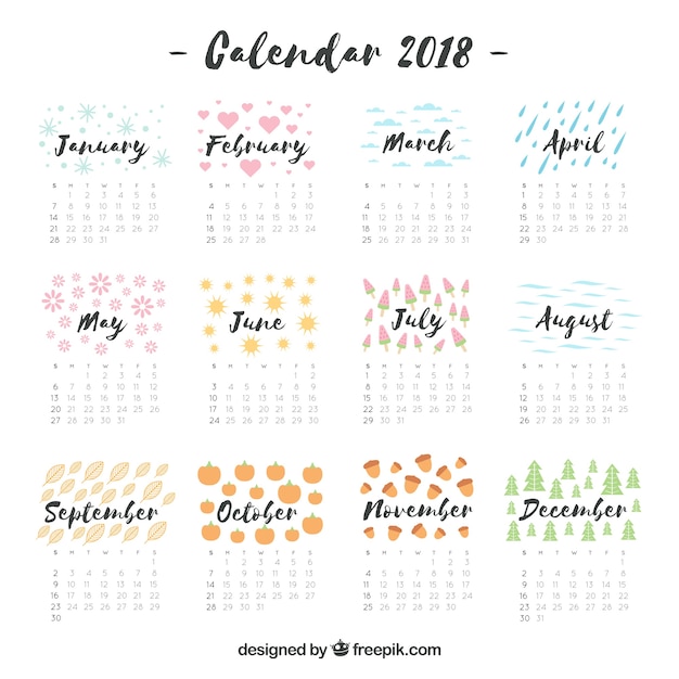 Gratis vector mooie 2018 kalender met handgetekende elementen