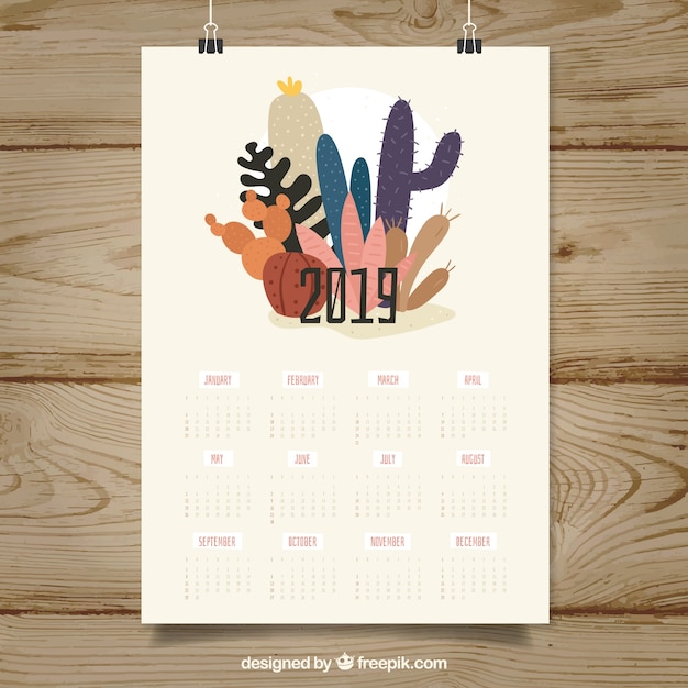 Gratis vector mooie 2019 kalender in plat ontwerp