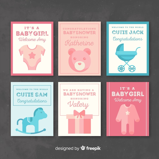 Gratis vector mooie baby shower kaartcollectie met plat ontwerp