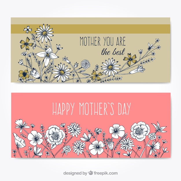 Gratis vector mooie banners met de hand getekende bloemen voor moederdag