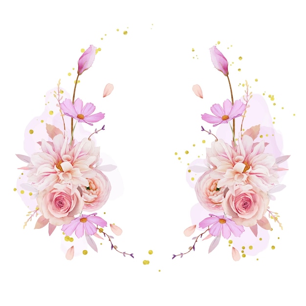 Mooie bloemenkrans met aquarel roze dahlia en ranonkelbloem