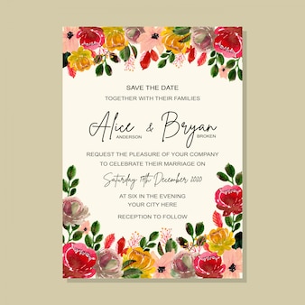 Mooie bruiloft uitnodiging sjabloon met bloemen aquarel