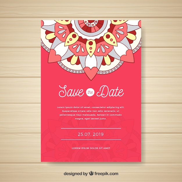 Gratis vector mooie bruiloft uitnodiging sjabloon met kleurrijke mandala