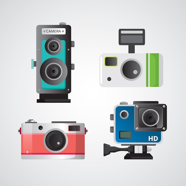 Gratis vector mooie camera's in vlakke vormgeving