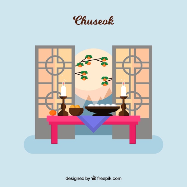 Gratis vector mooie chuseok-compositie met plat ontwerp