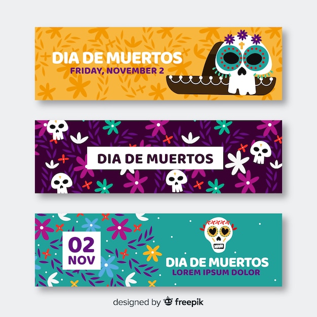 Gratis vector mooie día de muertos banners met plat ontwerp