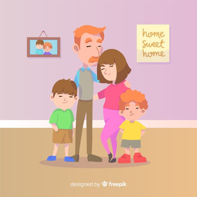 Mooie familie thuis met een plat ontwerp