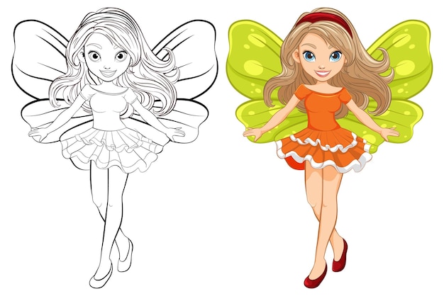 Gratis vector mooie fee met vleugels cartoon personage en contour