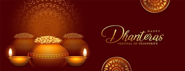 Gratis vector mooie gelukkige dhanteras wenst banner met olielamp en muntpotvector