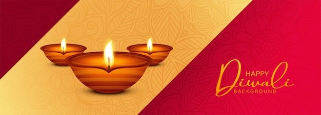 Mooie gelukkige diwali-banner met realistische olie-diya-kaartachtergrond