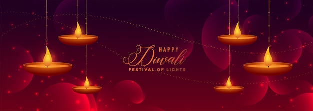 Gratis vector mooie gelukkige diwali glanzende banner met hangende diya