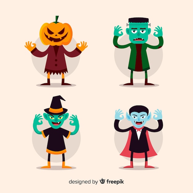 Gratis vector mooie halloween-karaktercollectie met vlak ontwerp