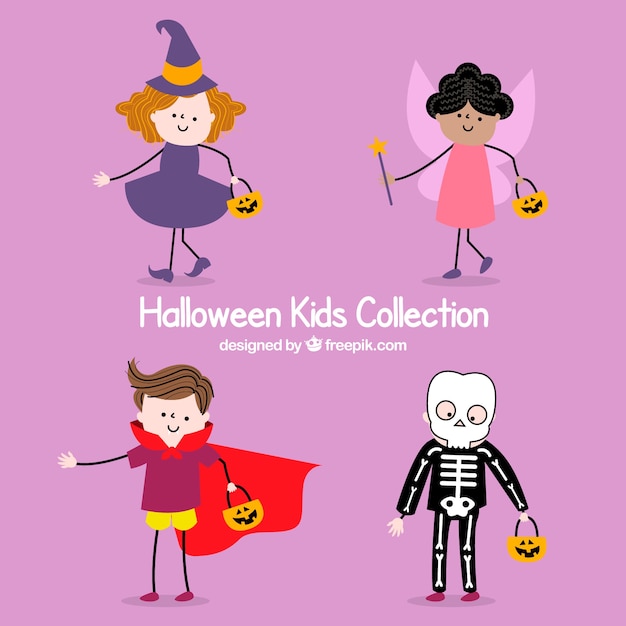 Gratis vector mooie halloween kinderen met vlak ontwerp