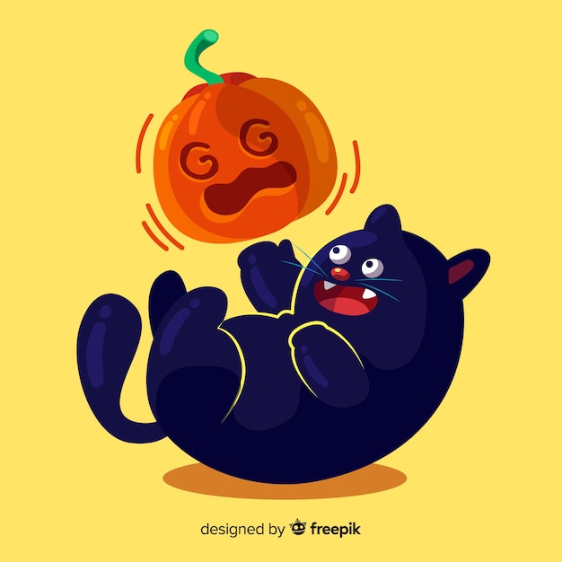 Mooie halloween zwarte kat met platte ontwerp