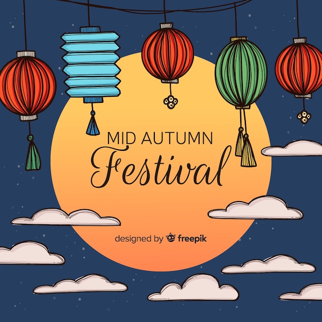 Gratis vector mooie hand getrokken medio herfst festival samenstelling