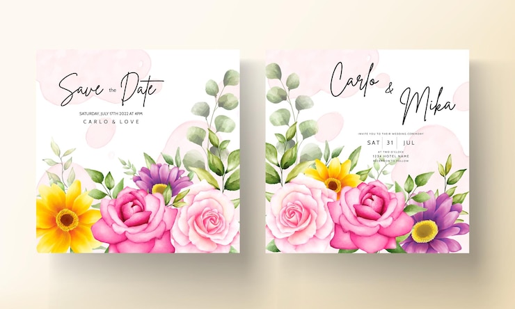 Gratis Vector mooie hand tekenen aquarel bloem bruiloft uitnodigingskaart