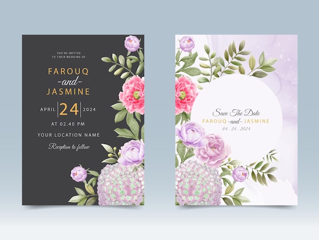 Mooie handgetekende pioenroos en hortensia bruiloft uitnodigingskaart