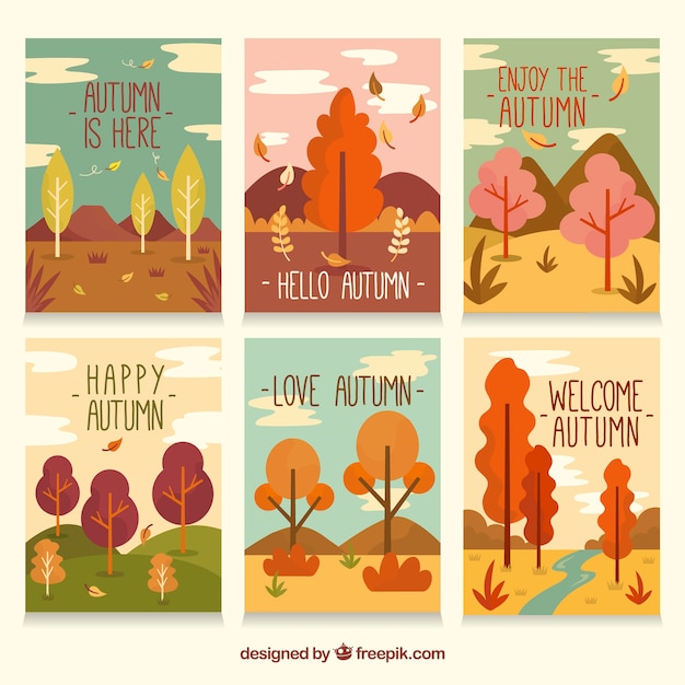 Gratis vector mooie herfstkaartcollectie met plat ontwerp