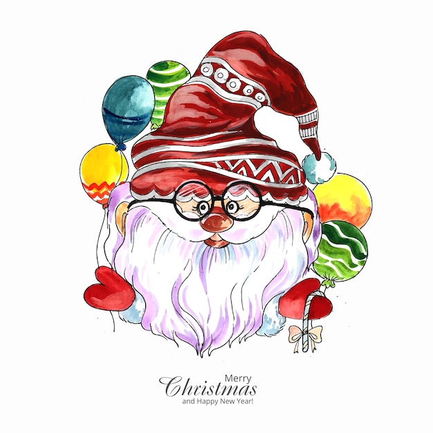 Gratis vector mooie kerst santa claus gezicht aquarel kaart achtergrond