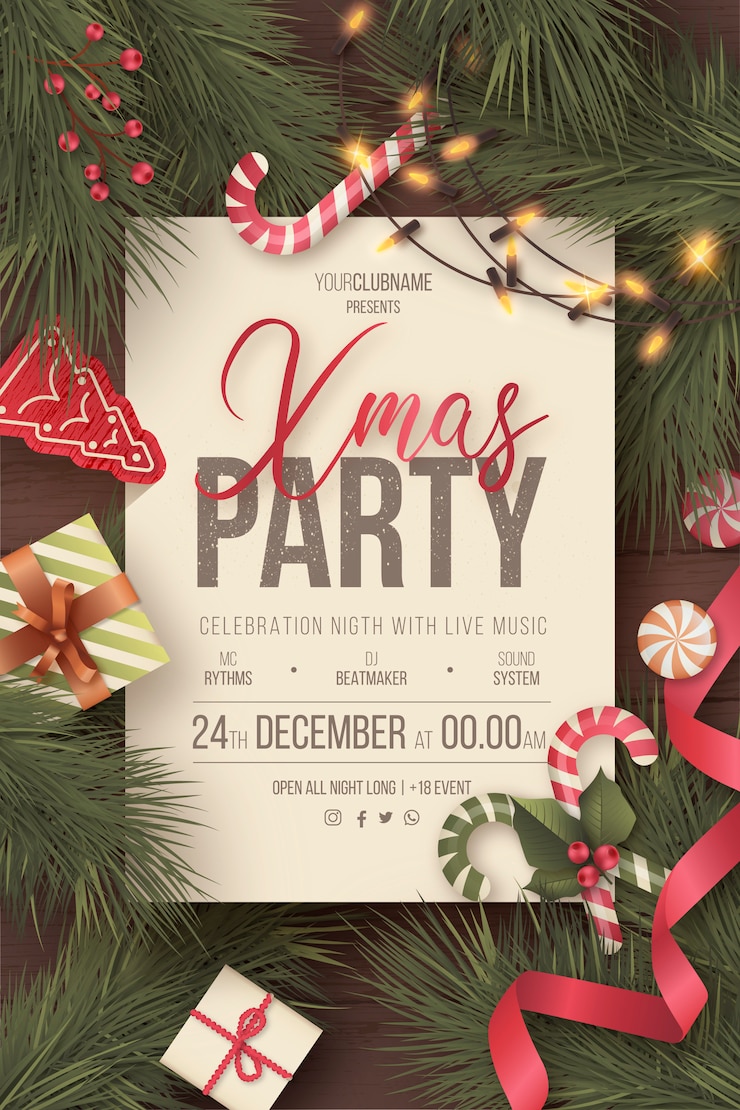 Gratis Vector mooie kerstfeestaffiche met schattige ornamenten