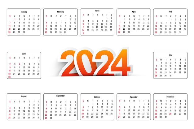 Gratis vector mooie kleurrijke 2024 engelse kalender sjabloon ontwerp