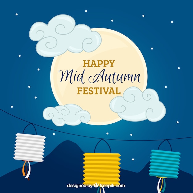 Gratis vector mooie nacht achtergrond met maan en decoratie voor mid-herfstfestival