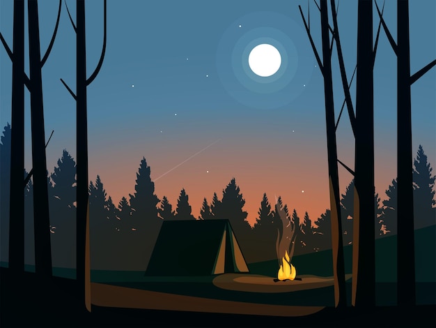 Mooie nacht in het bos met tent en kampvuur