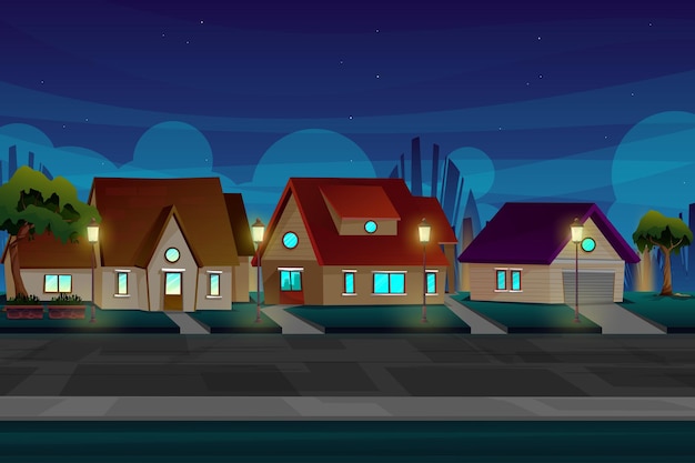 Gratis vector mooie nachtscène met huis in dorp dichtbij weg met verlichting van elektrisch en straatlantaarn