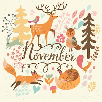 Mooie november-conceptkaart met geweldige dieren en vogels in vector