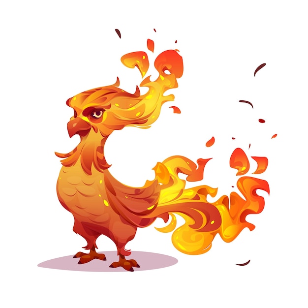 Gratis vector mooie phoenix firebird karakter met oranje brandende veren cartoon vectorillustratie van sprookje fenix mythologie magische vogel met vuur geïsoleerd op witte achtergrond