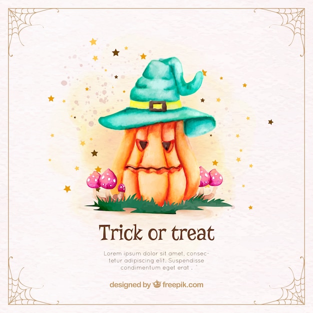 Gratis vector mooie pompoen achtergrond met waterverf halloween hoed