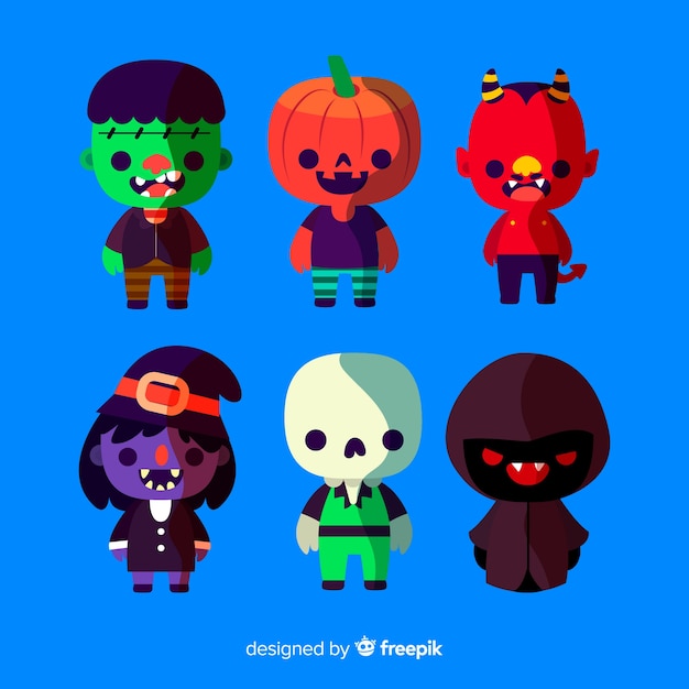 Gratis vector mooie reeks halloween-karakters met vlak ontwerp