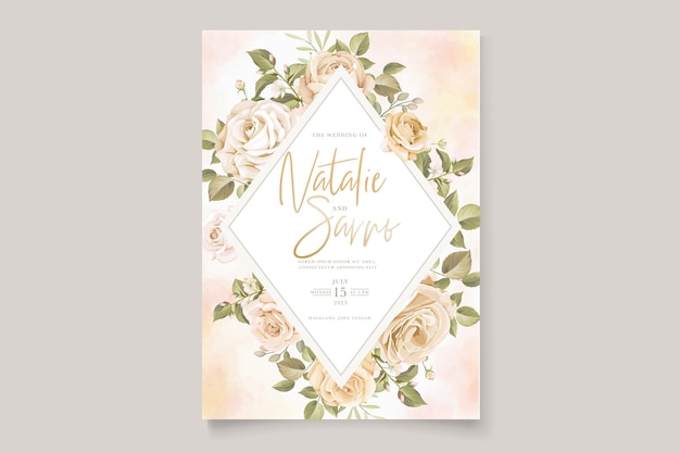 Mooie rozen bloem en bladeren bruiloft uitnodigingskaarten set Premium Vector