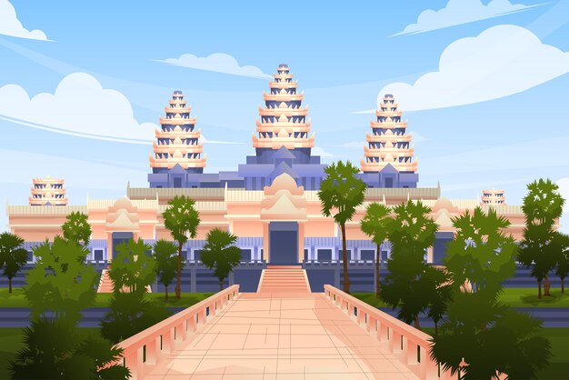 Mooie scène met Angkor Wat in Cambodja, een van de beroemde bezienswaardigheden in Azië toeristische attractie ontwerp briefkaart of reisposter, vectorillustratie.