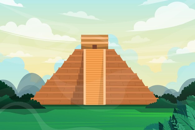 Mooie scène van Chichen Itza in het Maya-beroemde monument van Mexico, een van de beroemde woestijnoriëntatiepunten toeristische attractie ontwerp briefkaart of reisposter, vectorillustratie.