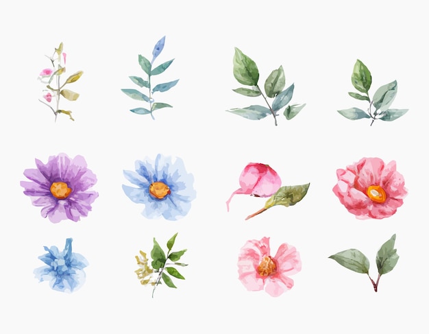 Gratis vector mooie set boeket van aquarel bloemen en bladeren. aquarel bloemenelementen