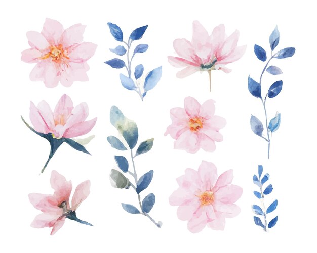 Mooie set boeket van aquarel bloemen en bladeren. Aquarel bloemenelementen