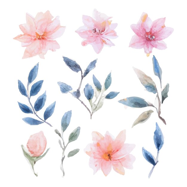 Mooie set boeket van aquarel bloemen en bladeren. Aquarel bloemenelementen