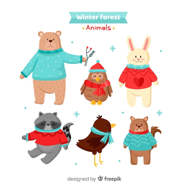 Gratis vector mooie set van winter bosdieren