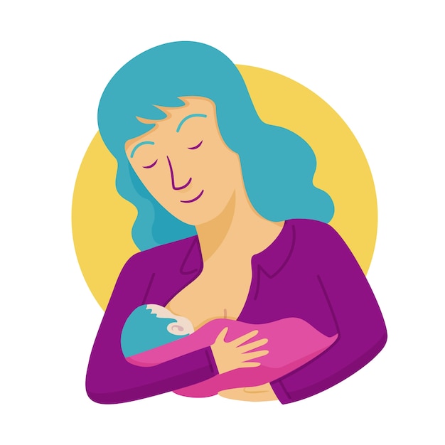 Gratis vector mooie vrouw met geïllustreerde borstvoeding van haar baby