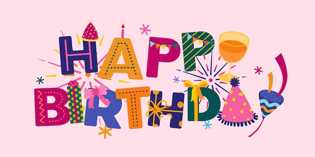 Gratis vector mooie wenskaart happy birthday woord. moderne woord belettering op achtergrond voor poster, uitnodiging celebration cartoon afbeelding