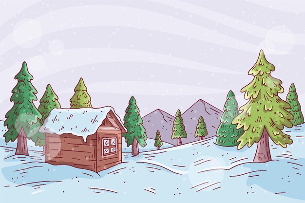 Gratis vector mooie winterlandschap achtergrond met huis