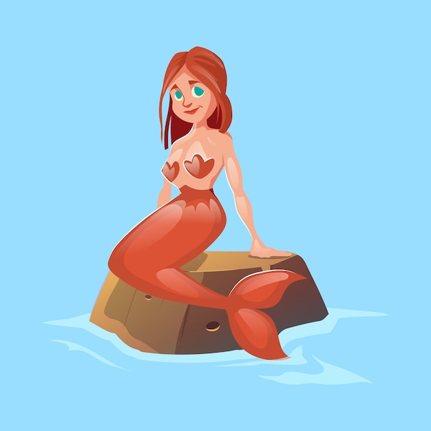 Mooie zeemeermin meisje zittend op steen in water. Vectorbeeldverhaalillustratie van schattig fantasiekarakter, sprookjesvrouw met vissenstaart zittend op rots in zee of oceaan
