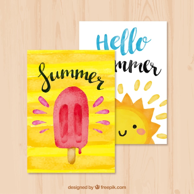 Gratis vector mooie zomerkaarten met ijs en aquarel zon