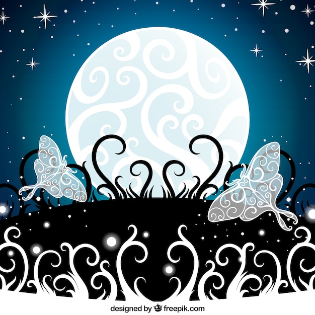 Gratis vector moon sier achtergrond met vlinders