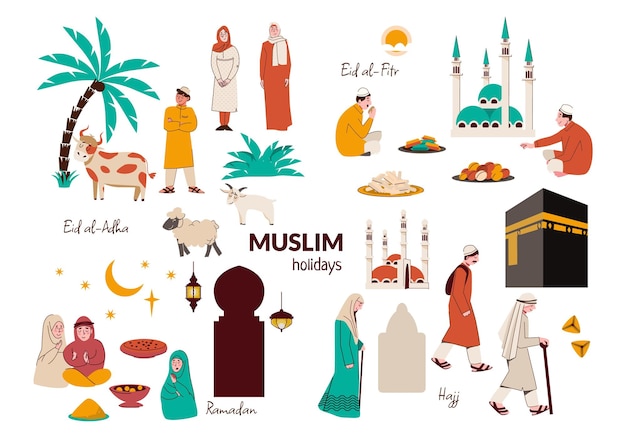 Gratis vector moslim vakantie platte set van geïsoleerde iconen met menselijke karakters van gebeden traditionele gerechten en tekst vectorillustratie