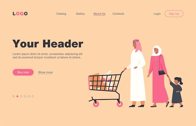 Moslimfamilie die voedsel in de supermarkt koopt. arabische stripfiguren die winkelwagentje in de supermarkt rijden. bestemmingspagina voor detailhandel, levensstijl, arabisch mensenconcept